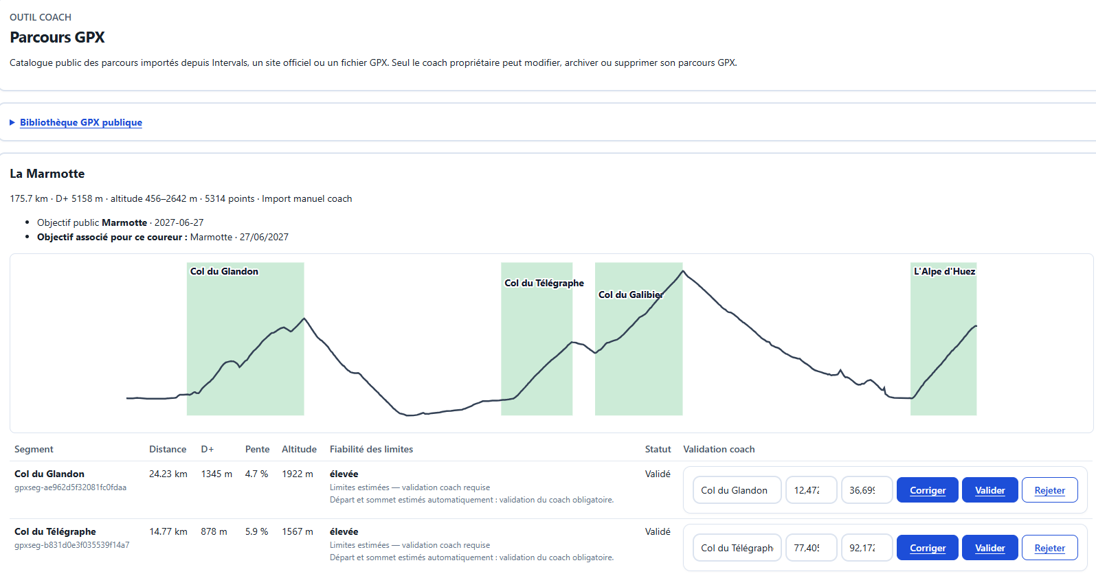 Profil GPX de La Marmotte : cols et segments à vérifier avant validation